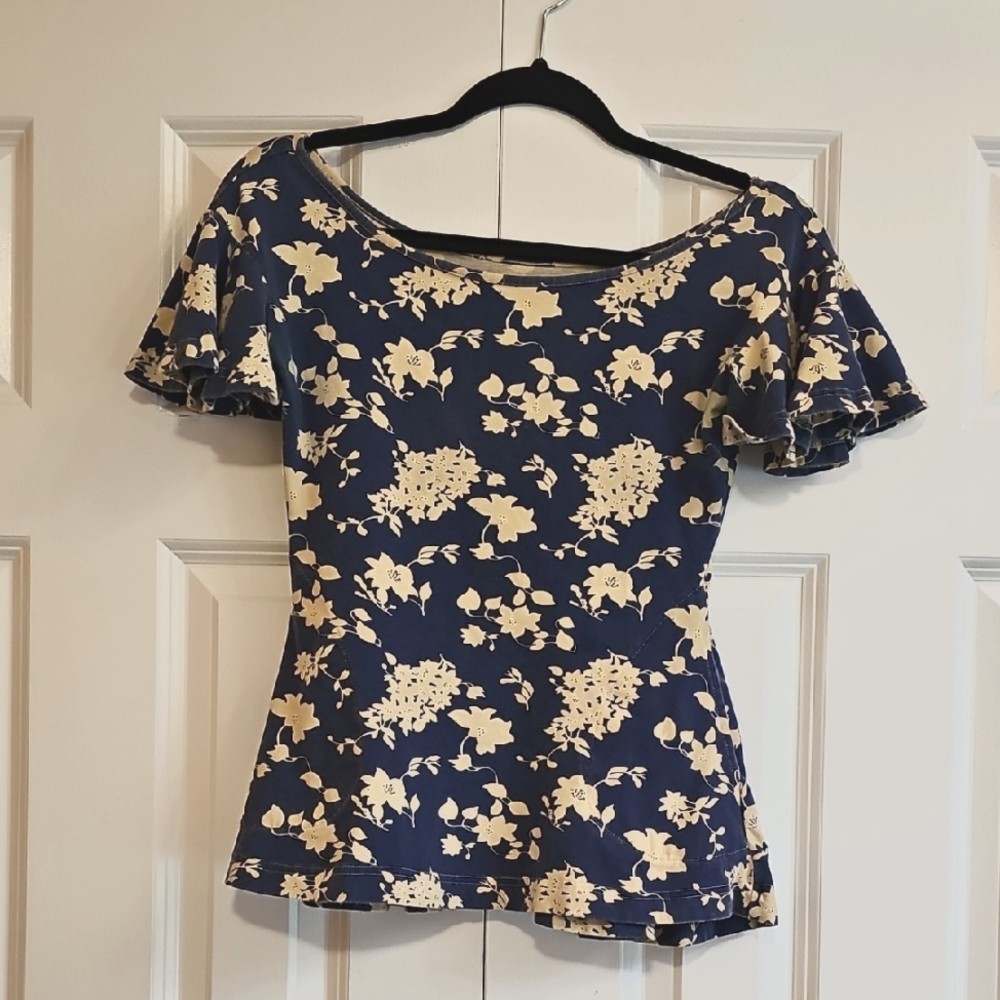 Effie's Heart Blue and Cream Ruffled Peplum Blouse